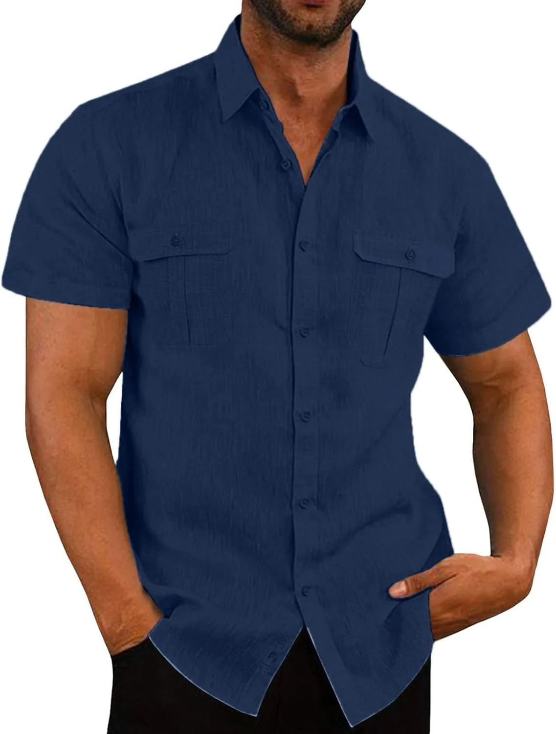 

Хлопковая льняная рубашка для мужчин, casual, с коротким рукавом QUNPIU