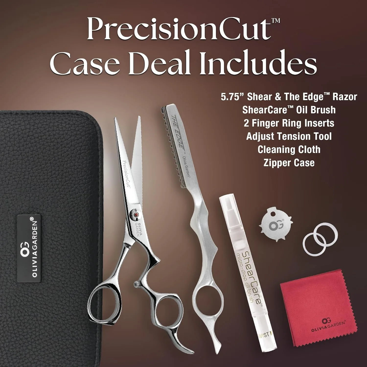 Набор профессиональных парикмахерских ножниц Olivia Garden PrecisionCut с футляром и бритвой Edge - 6 предметов. Набор 5.75" (PS-C02): PS-575, бритва RZ-E — фото 2