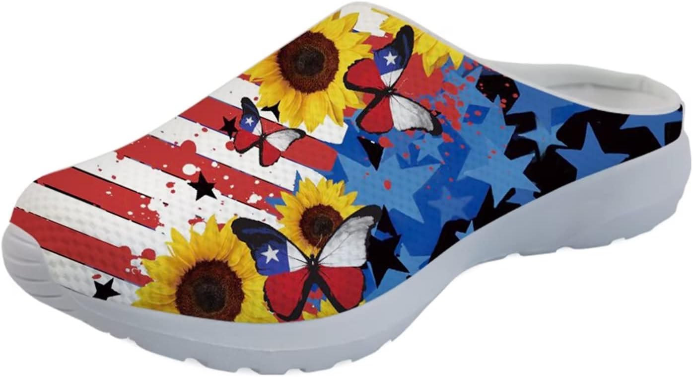 

Женские сабо-клоги Forchrinse Blue Palm Tree с сеткой, легкие для ходьбы, с мягкой поддержкой свода стопы, для работы, ухода за больными, American Flag Butterfly Sunflower