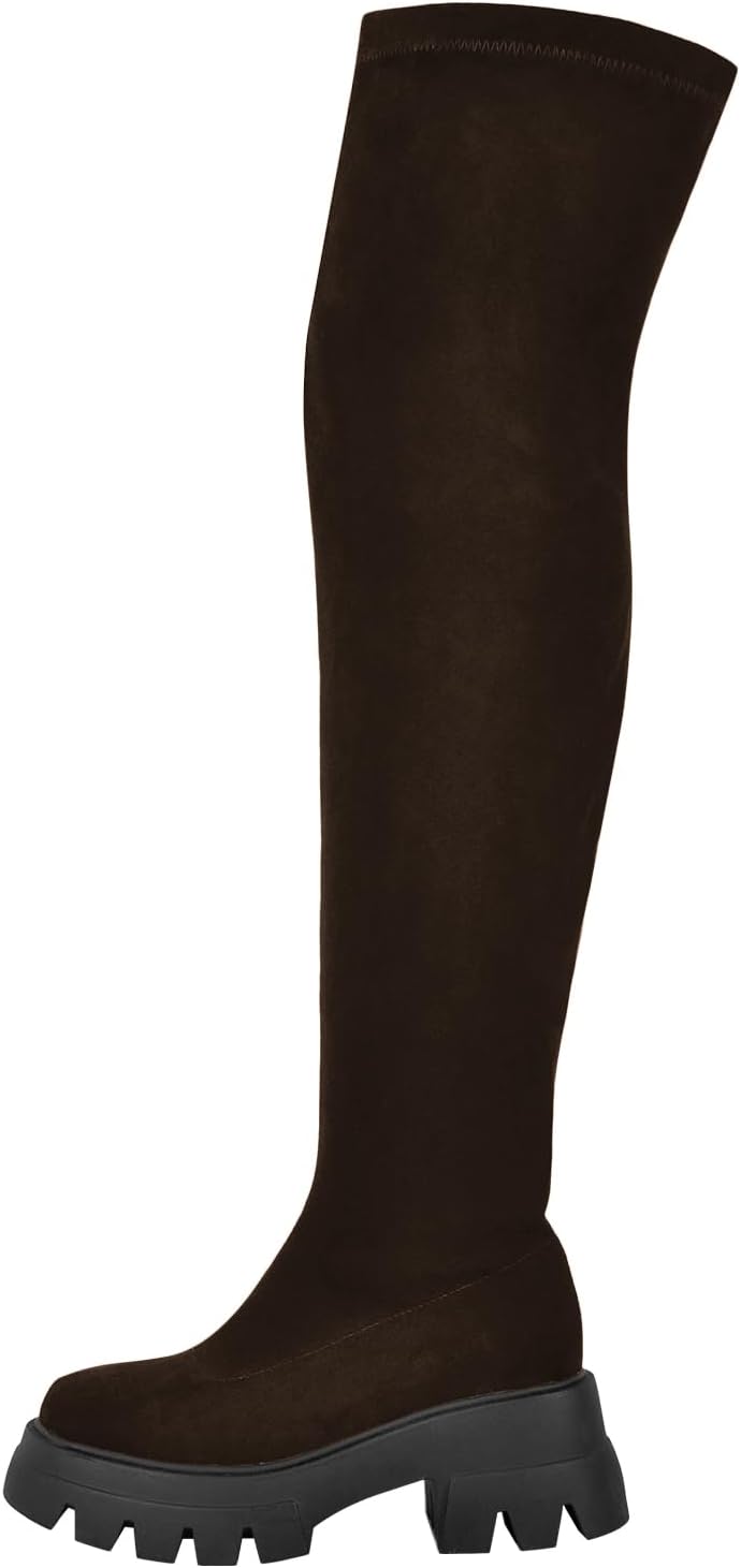 

Сапоги выше колена VERISSON с круглым носком, низким массивным каблуком, молнией, грубой подошвой и модным дизайном, коричневый/шоколадный