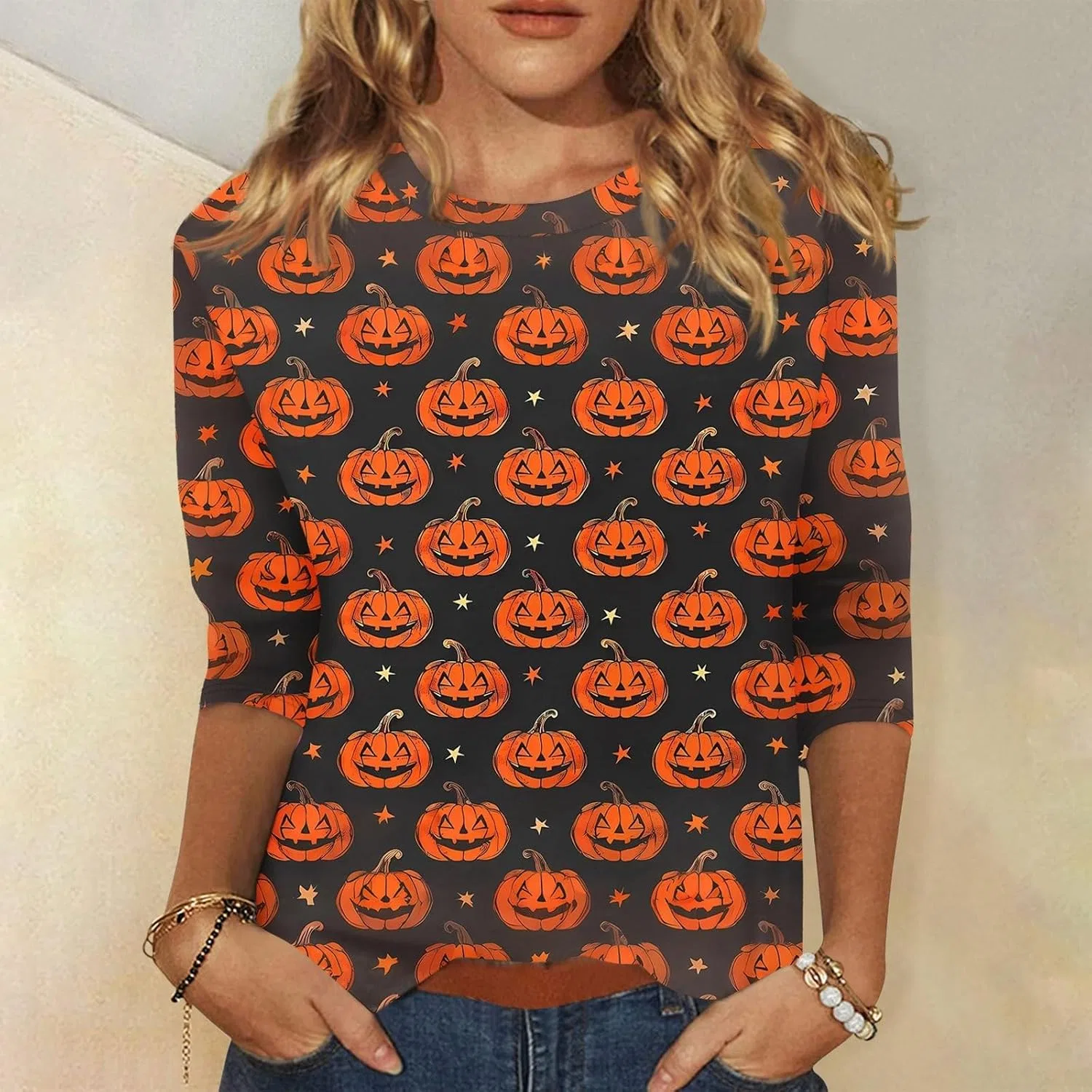 Блуза женская с принтом Halloween, 3/4 рукав, свободный крой, Saffron — фото 3