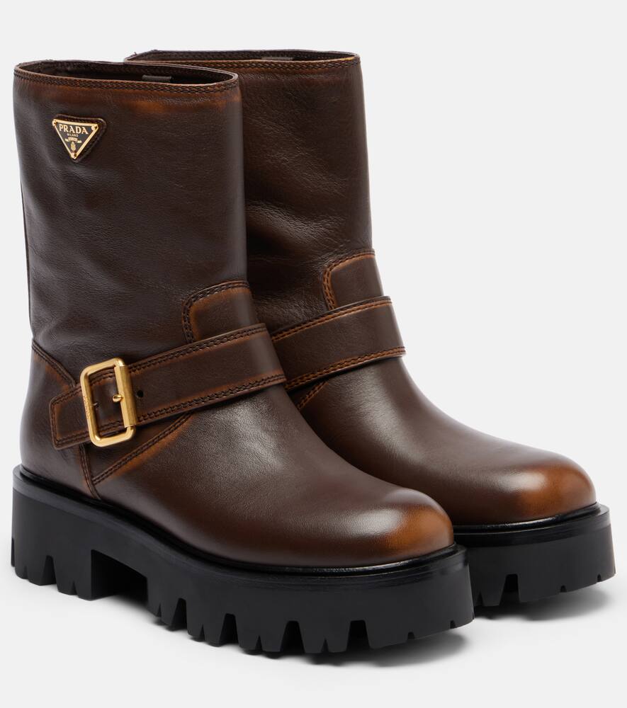 Кожаные мотоциклетные ботинки с логотипом Prada, Brown