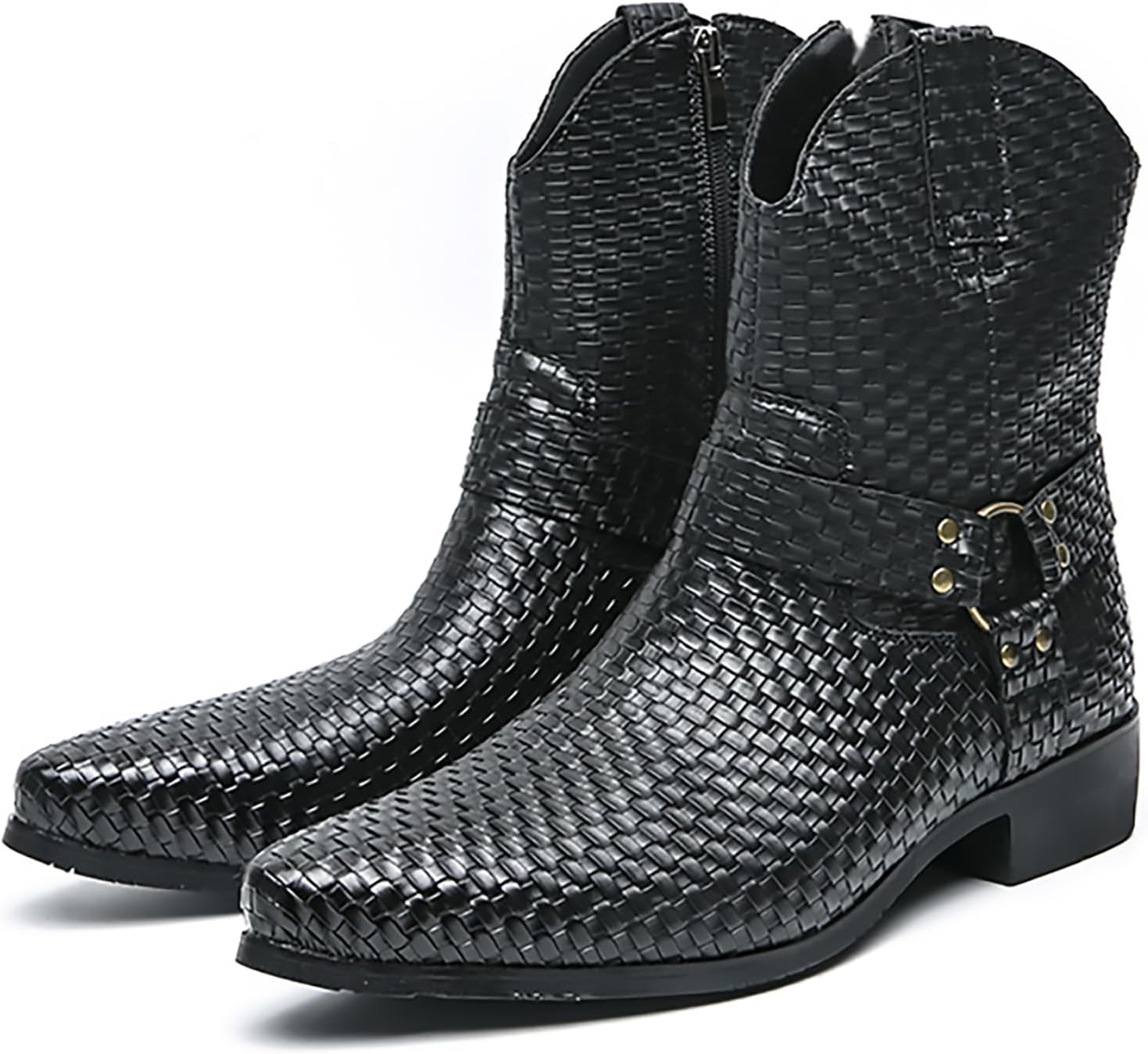 

Мужские плетеные кожаные ботинки Челси до щиколотки, заостренный носок, массивный каблук, западные ковбойские ботинки, модные повседневные с боковой молнией, короткие ботильоны Bwseobg, Weaving