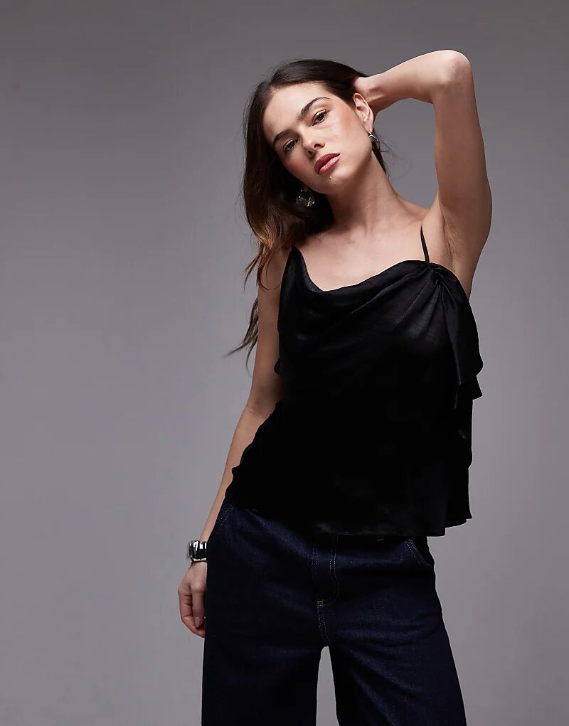 

Атласная майка с двумя бретелями и оборкой черного цвета Topshop