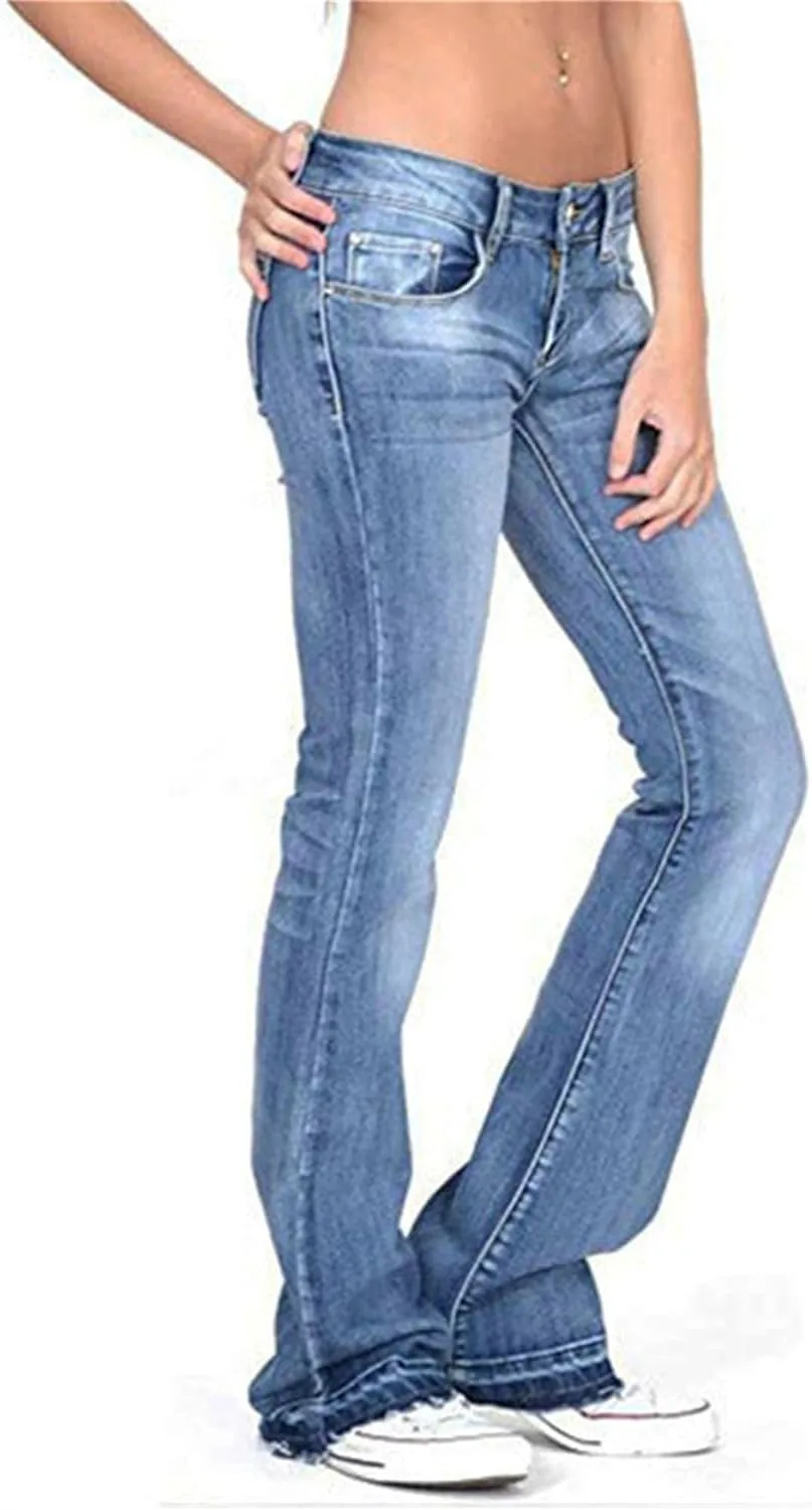 Andongnywell женские базовые джинсы bootcut mid rise stretch slim fit wide legs hem bell bottom flare — фото 2