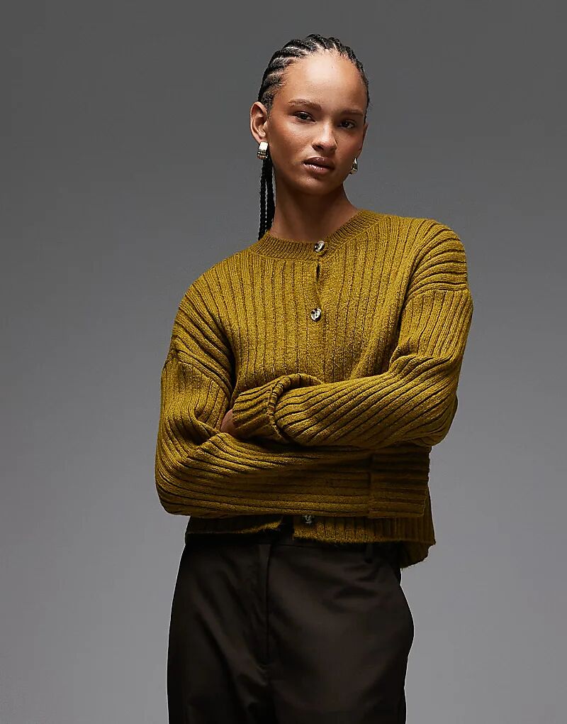 

Вязаный кардиган ASOS DESIGN с отворотами на манжетах оливкового цвета