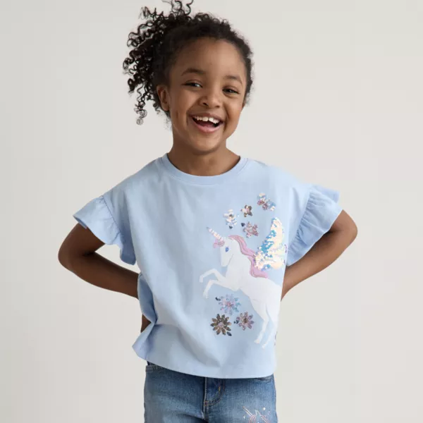 

Футболка с расклешенными рукавами для девочек 4-12 лет Jumping Beans, цвет garden unicorn blue