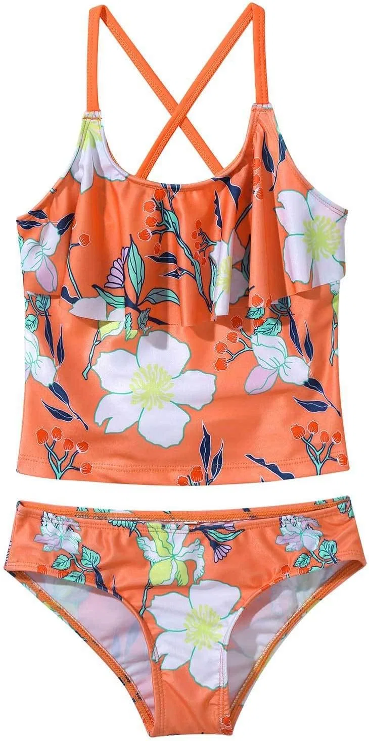 Yeahdor Little Big Girls Комплект из 2 предметов: танкини с цветочным принтом, перекрестной спинкой и рюшами, топ и трусики, оранжевый — фото 3