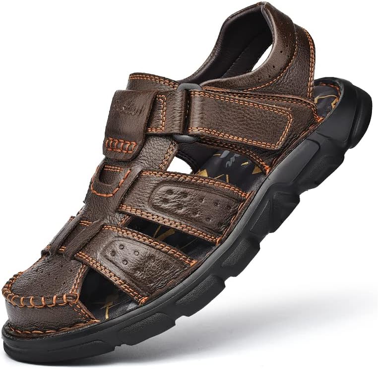 

Мужские сандалии Mecolop, кожаные, с закрытым носком, для прогулок на открытом воздухе, регулируемые, пляжные туфли типа «рыбак», темно-коричневый