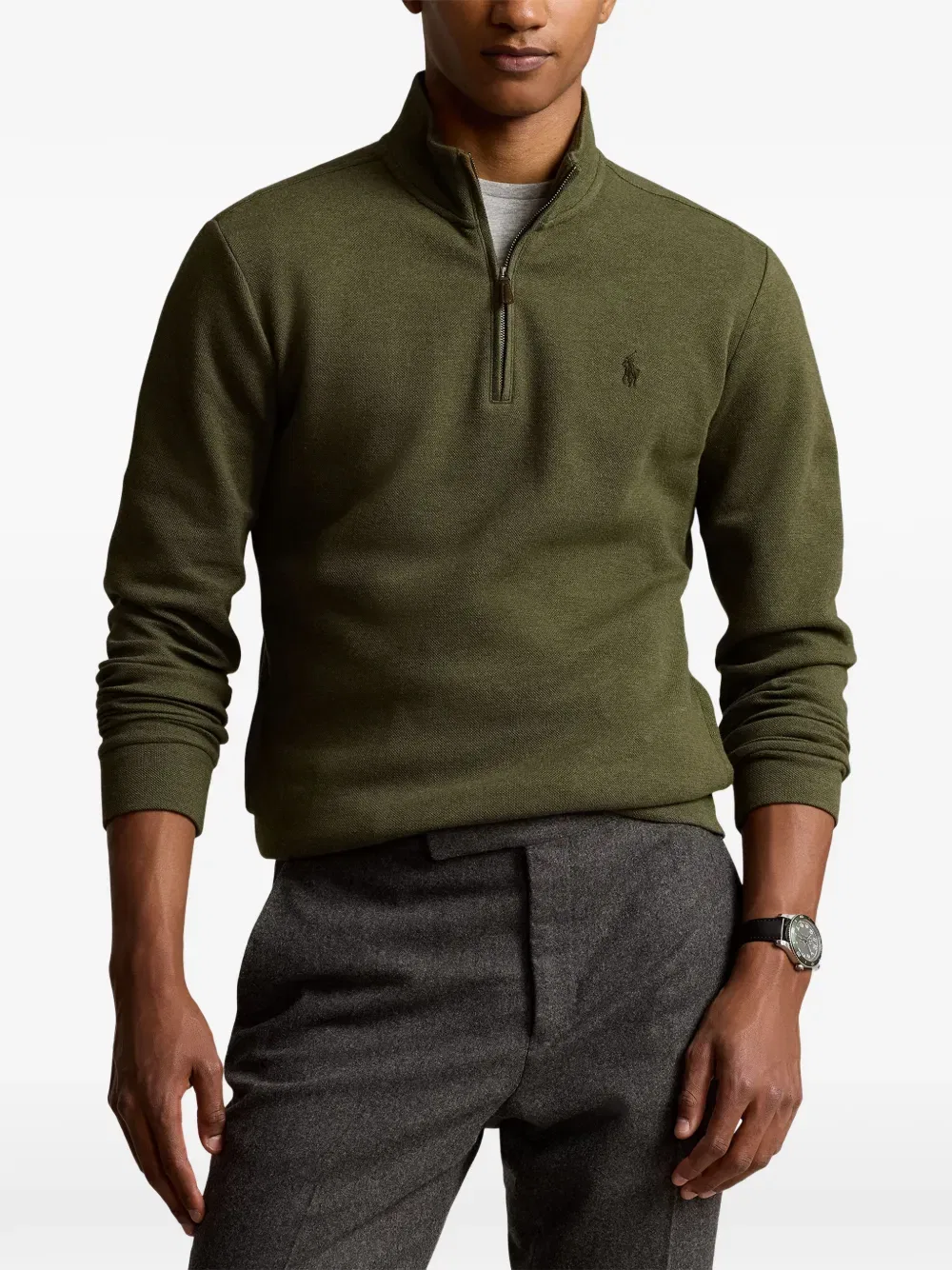 Свитер с вышитым логотипом и застежкой-молнией до середины груди Polo Ralph Lauren, зеленый — фото 3