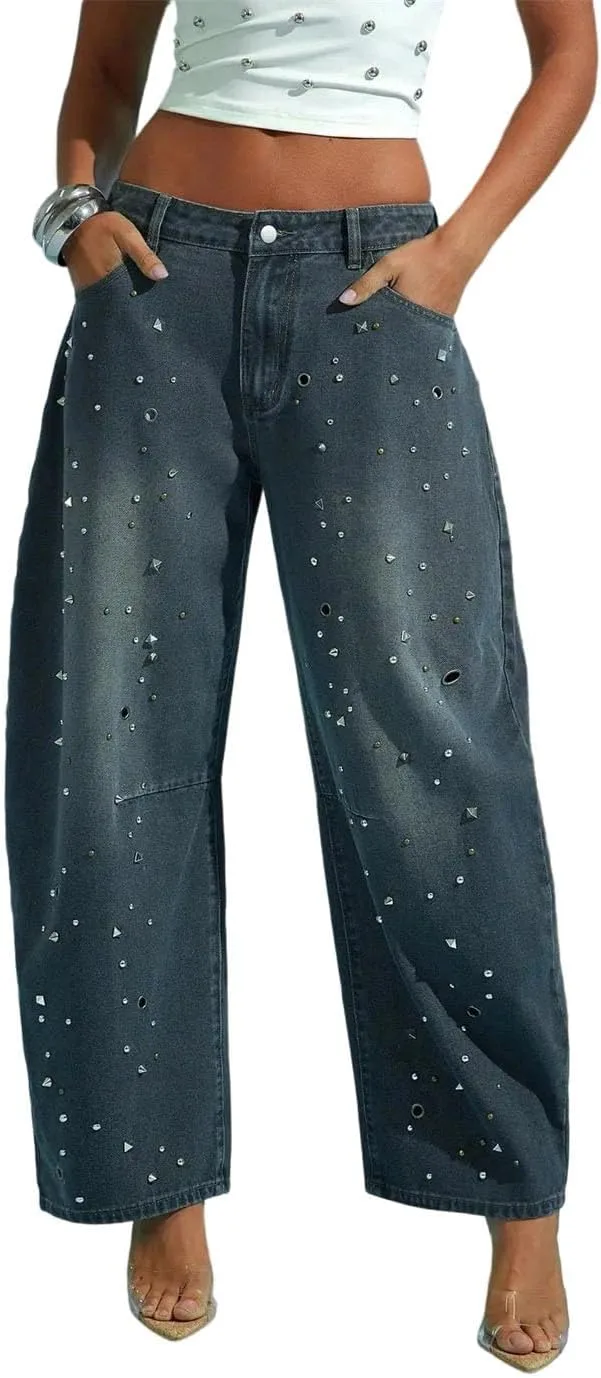 

Женские джинсы с высокой талией и потертостями в стиле street