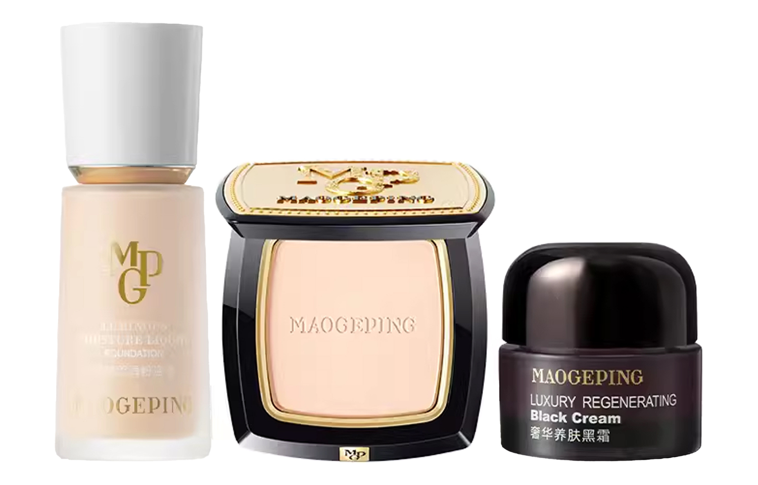 MAOGEPING Водяной крем тональная основа пудра компакт Black Cream набор макияжа стойкий выравнивающий тон кожи 30мл+7г+7г — фото 2