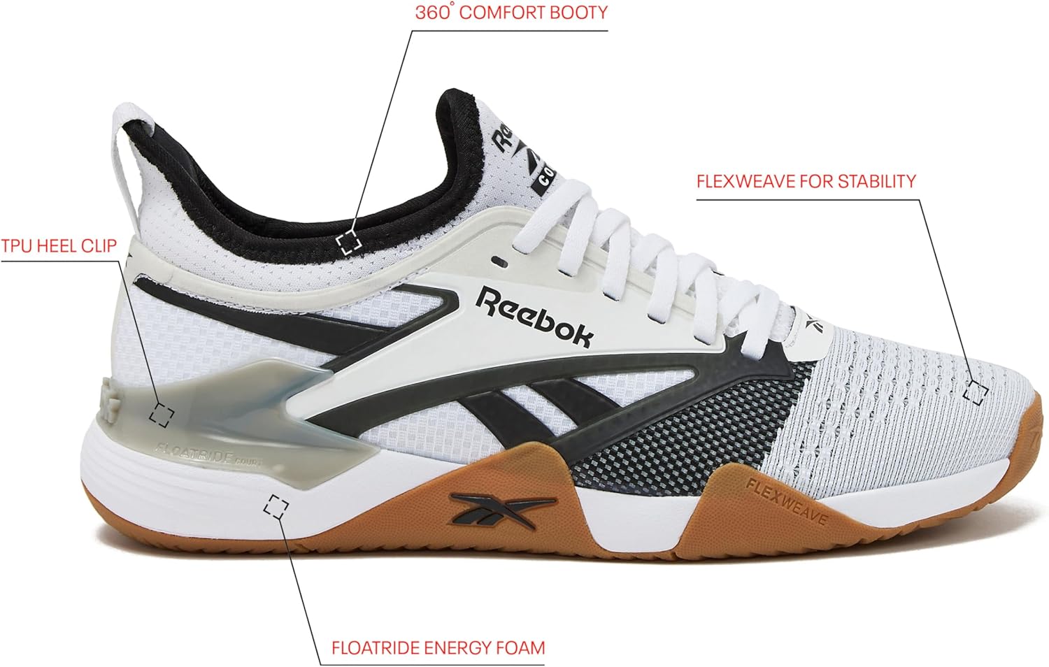 Мужские спортивные кроссовки Reebok Nano Court для пикубола, белый/черный/серый — фото 2