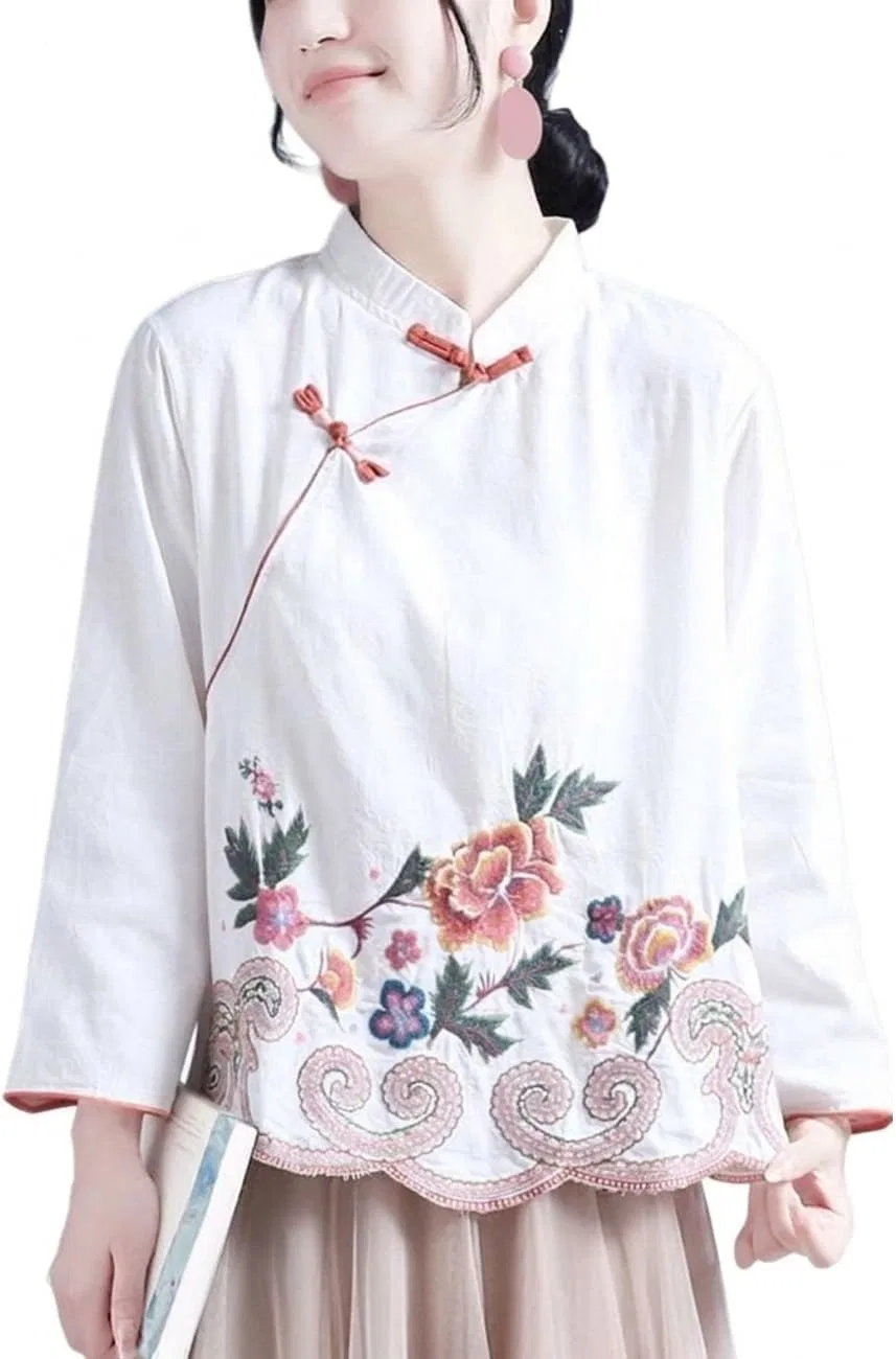 Блуза с вышивкой, China-style, белый