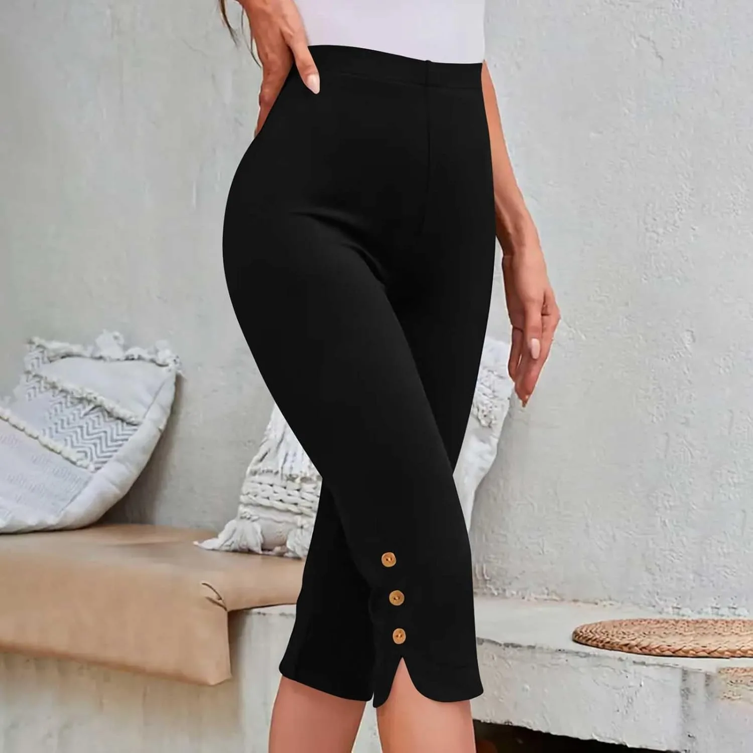 Капри-леггинсы для женщин с эффектом контроля живота, высокие, plus size, летние, для тренировок и йоги, эластичные Generic, черный — фото 2