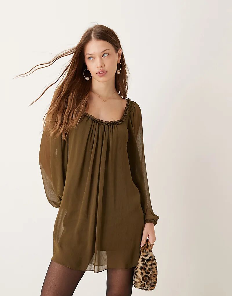 

Мини-платье-халат с оборками на шее цвета хаки ASOS DESIGN