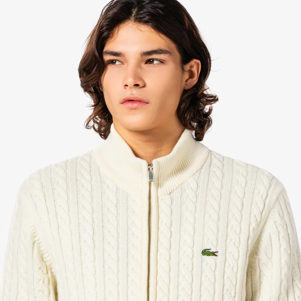 Мужской вязаный кардиган на молнии Cable, кремовый, от Lacoste — фото 2