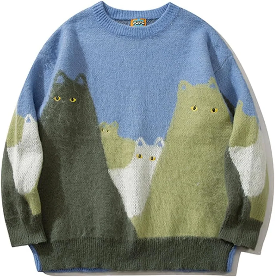 

Свитер уличного стиля мужской оверсайз с принтом кота ELKNLMU