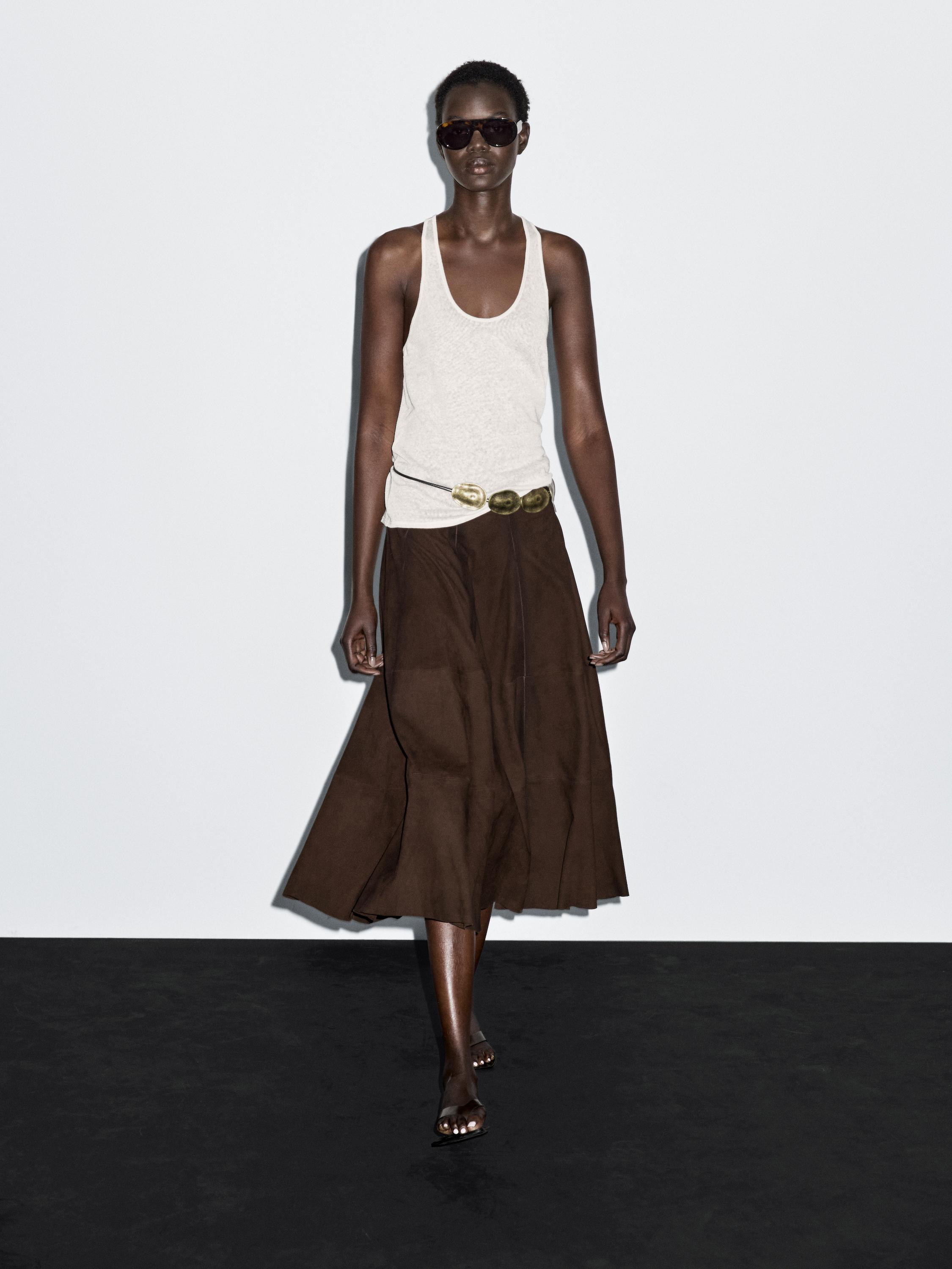 

Расклешенная юбка миди из замши и кожи Massimo Dutti, коричневый