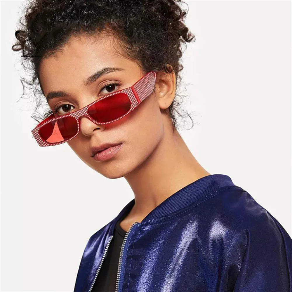 

Винтажные прямоугольные солнцезащитные очки со стразами для женщин, маленькая оправа, бриллиантовые солнцезащитные очки в стиле ретро, ​​узкие очки VFDHN, C8