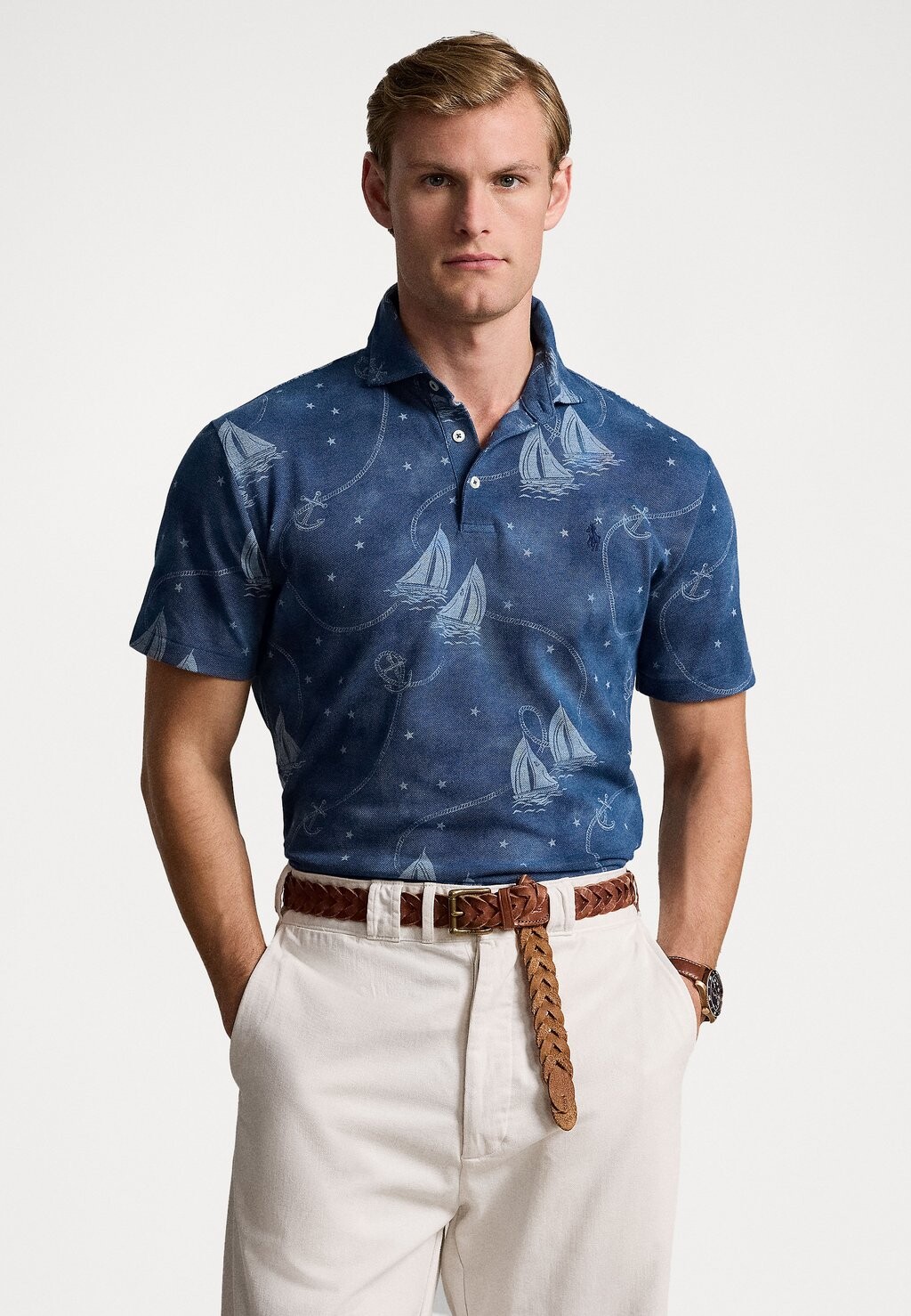 

Поло CUSTOM FIT PRINTED MESH POLO SHIRT Ralph Lauren, темно-синий