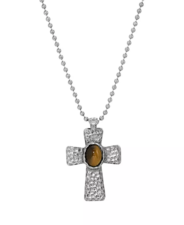 

Мужское серебряное ожерелье с кованым металлическим крестом из тигрового глаза Symbols Of Faith, brown