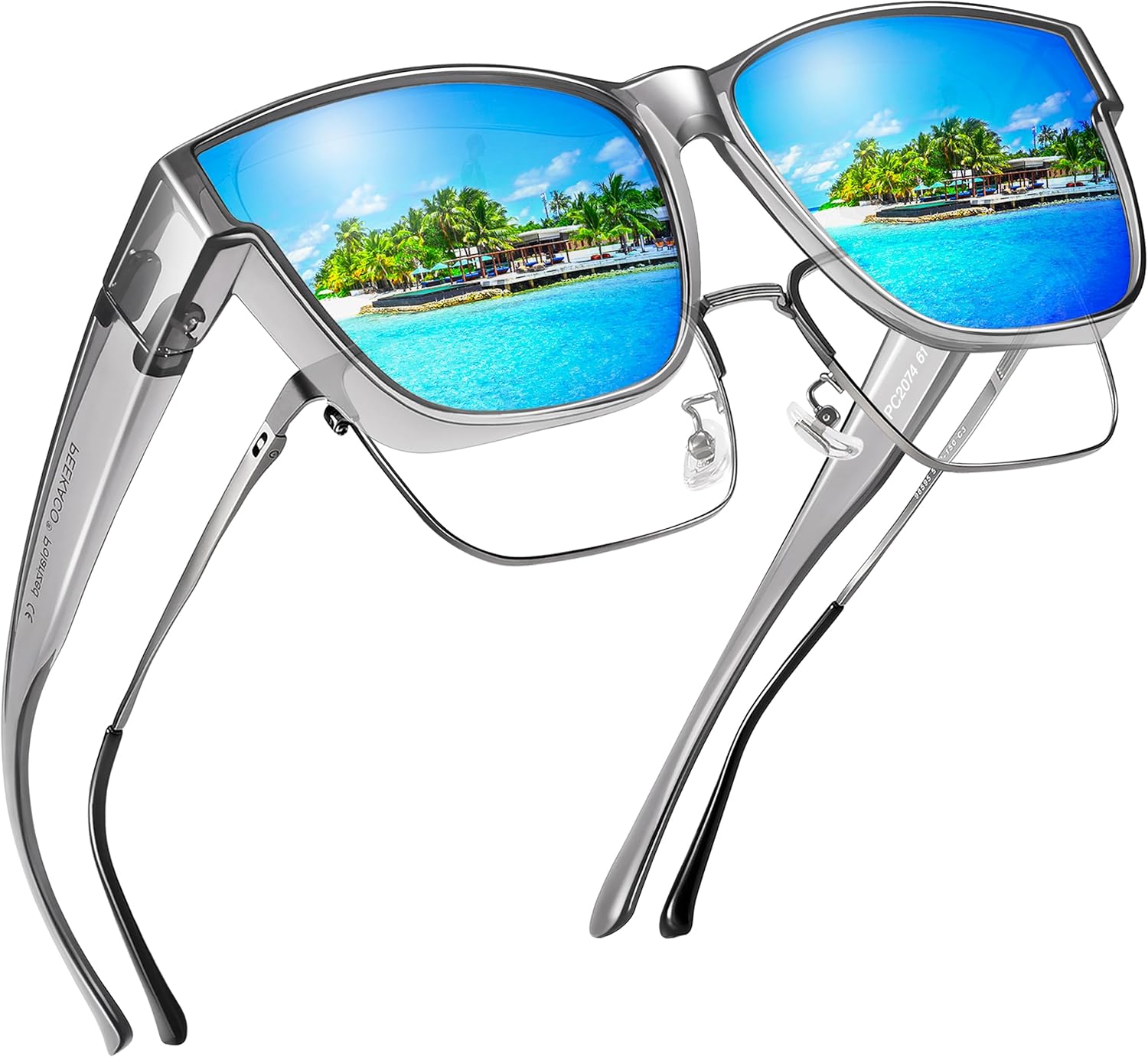 

Поляризованные солнцезащитные очки, надеваемые поверх обычных очков, для женщин и мужчин, большие квадратные летние очки с защитой от УФ-излучения UV400 Peekaco, A20 Light Grey Frame/Blue Mirrored Lens