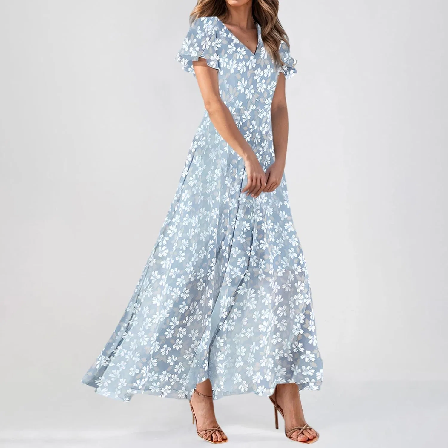 Летнее платье для женщин Flowy Casual с цветочным принтом Maxi Dress с коротким рукавом Boho Beach Vacation Sundresses Generic, светло-голубой — фото 3