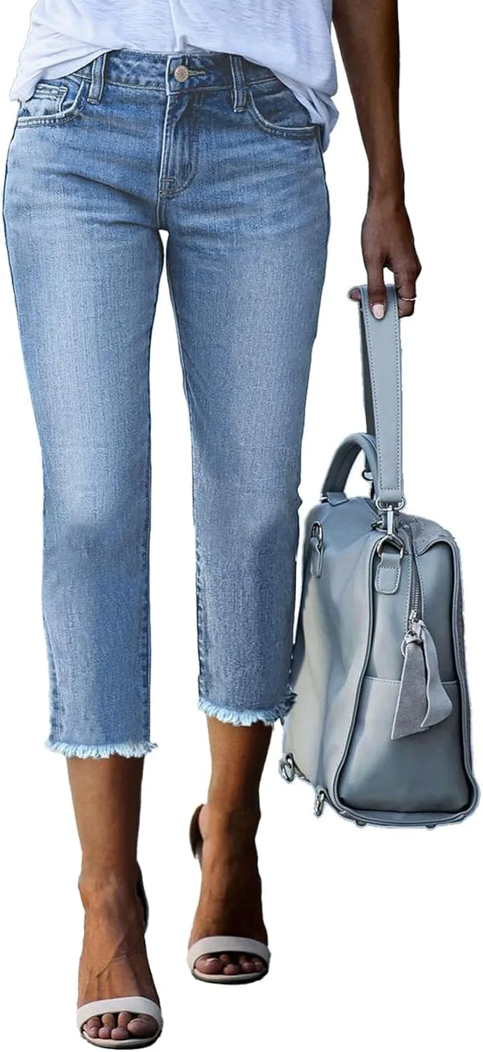 

Sidefeel женские капри джинсы с высокой талией, прямые, с необработанным краем