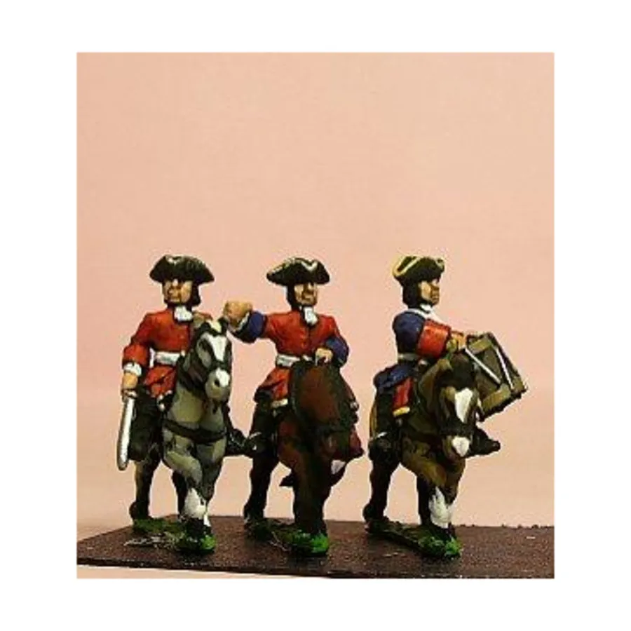 

Драгуны в Треуголке с офицером, знаменосцем и барабанщиком, European Armies 1660-1745 - Cavalry - Command (15mm)