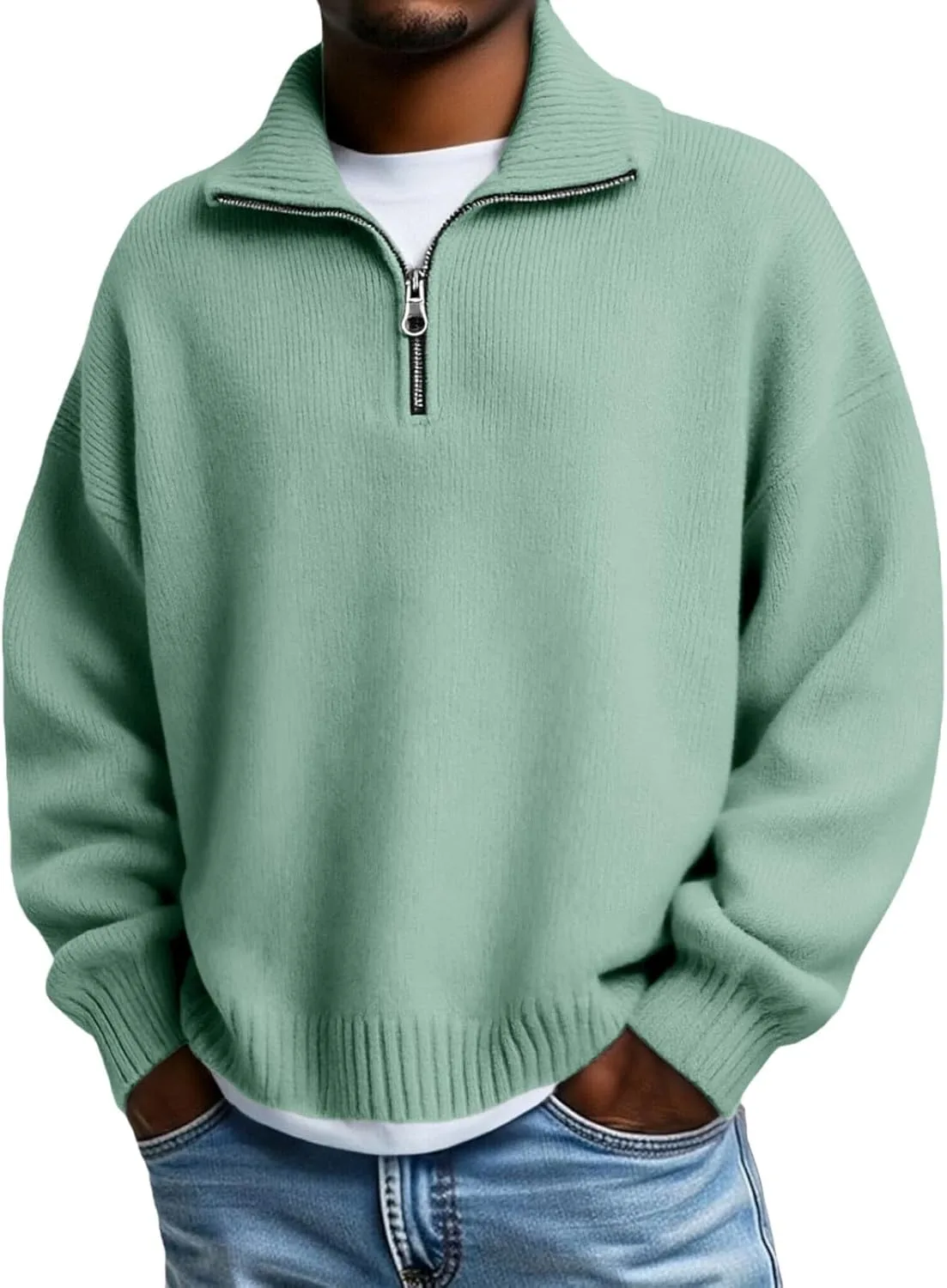 

CRNTCEM Полу-зиппер свитер для мужчин, тяжелый вязаный пуловер с воротником