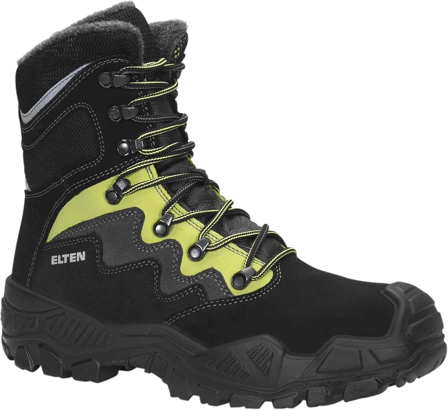 Защитные ботинки ELTEN Mick Black-Green High ESD S3S CI на шнуровке для мужчин и женщин, кожа/текстиль, стальные носки, легкие, классические, черно-зеленые