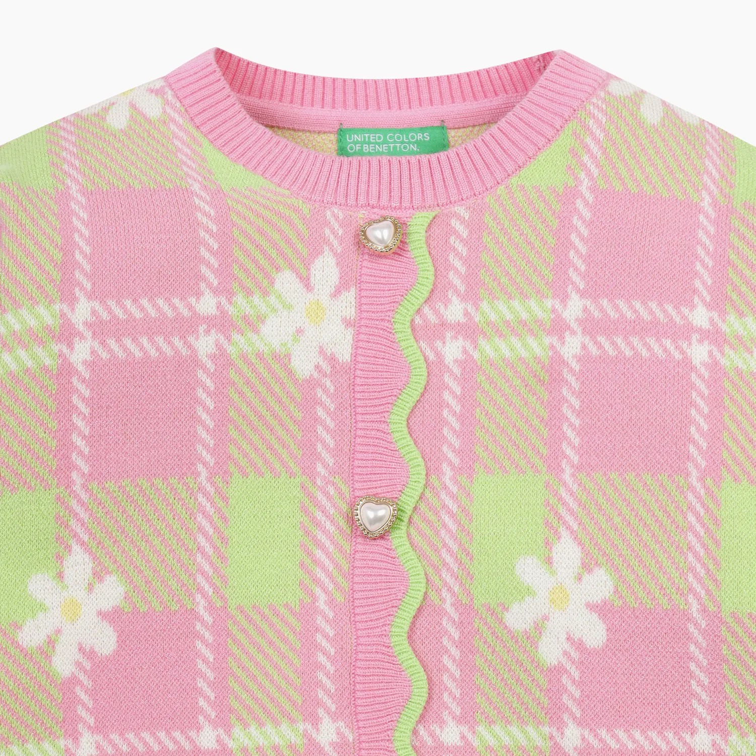 Детский жаккардовый пуловер Flower Check, розовый, от Benetton Kids — фото 3