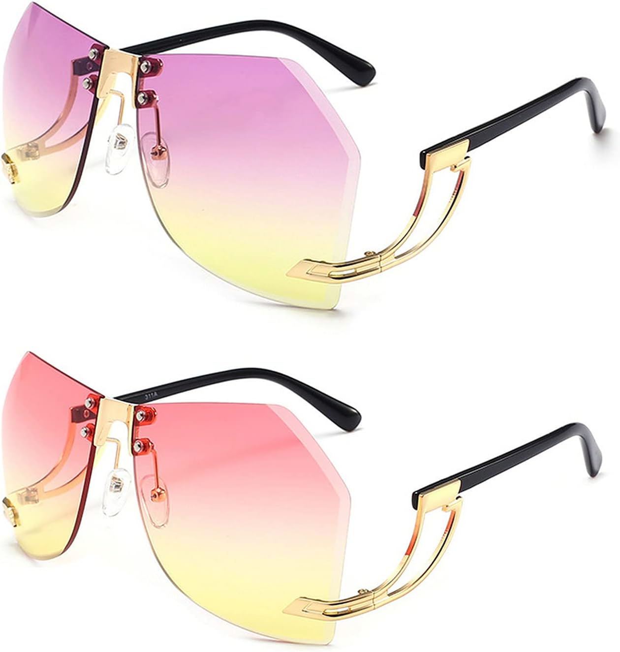 

2 шт. - Солнцезащитные очки без оправы неправильной формы для женщин, металлическая оправа, большие солнцезащитные очки с градиентным переходом цвета, модные женские прозрачные очки COTIA, Purple Yellow&pink Yellow