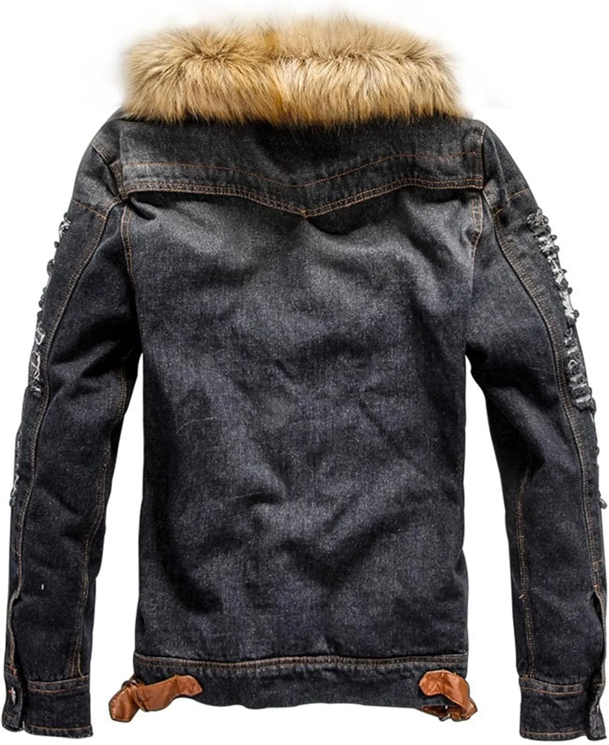 Мужская джинсовая куртка с искусственным мехом на воротнике, подкладкой из шерпы, потертым эффектом, для осени и зимы, теплая и удобная Generic, черный — фото 4