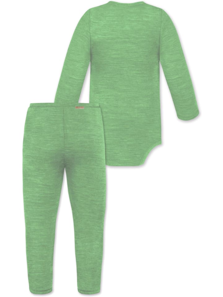 Normani Outdoor Sports Детский боди с длинными рукавами из мериносовой шерсти и штанишки из мериносовой шерсти зеленого цвета — фото 2
