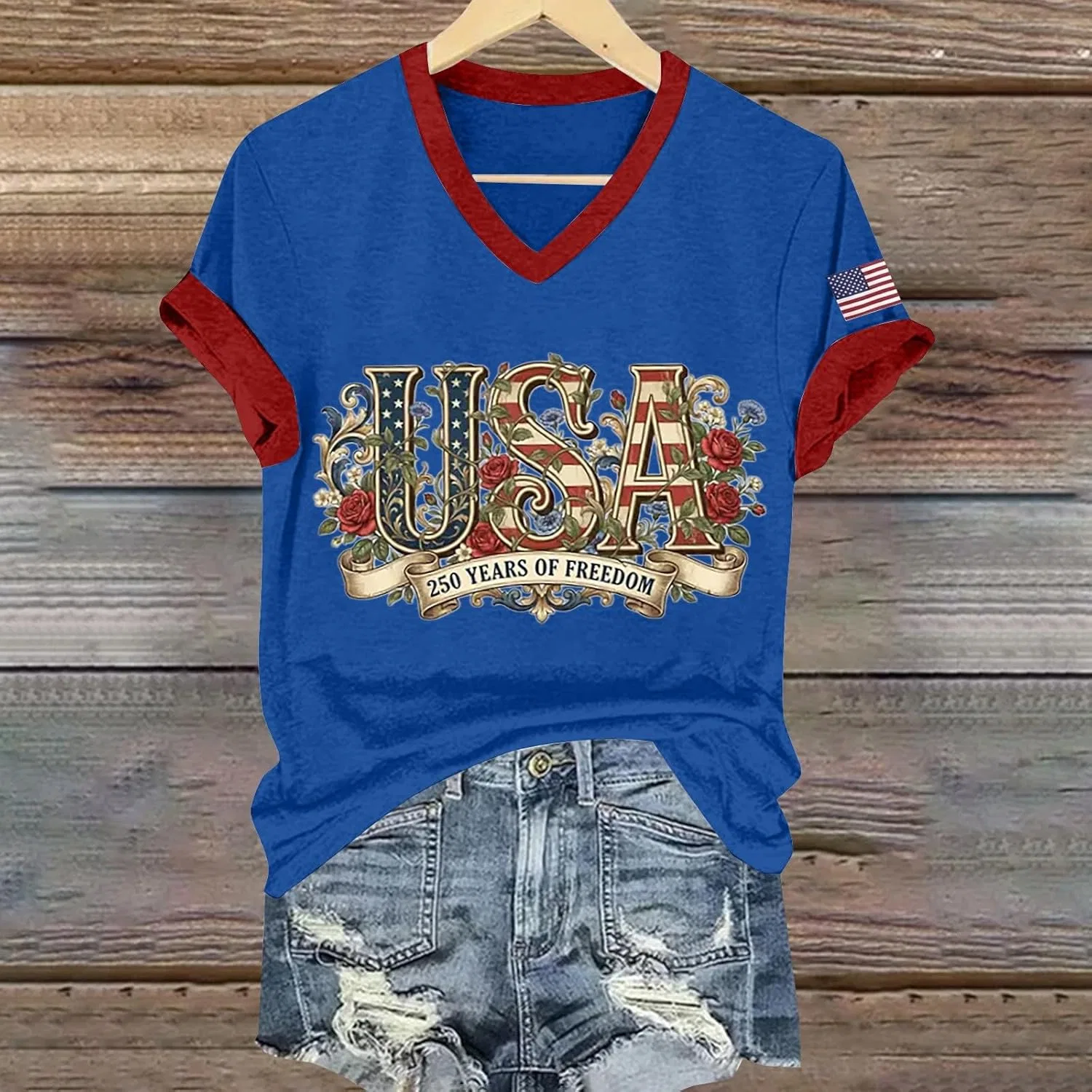 Футболка женская с принтом 250 Anniversary USA, бренд Generic, цвет C-blue — фото 3