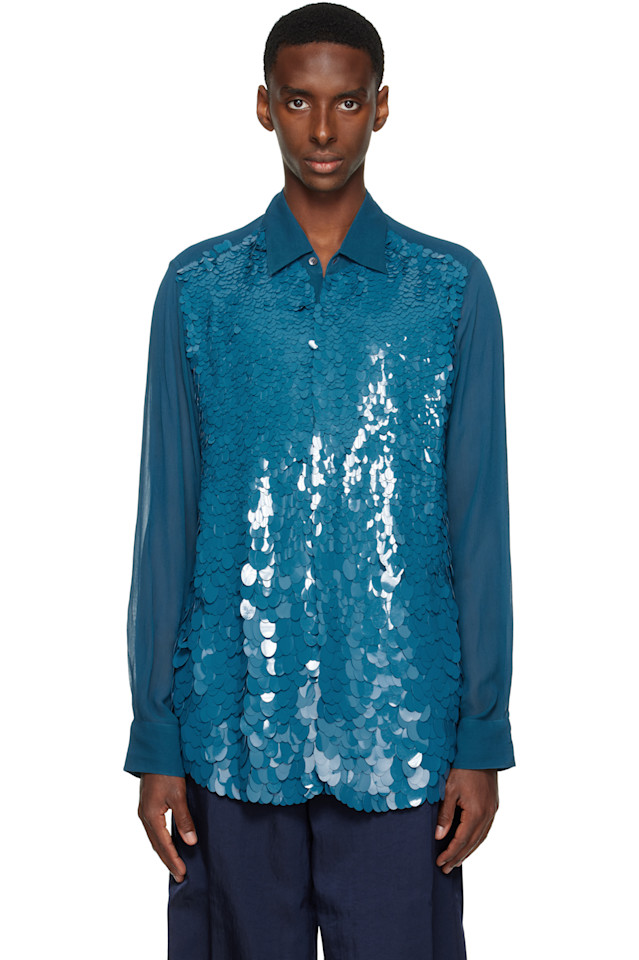 

Dries Van Noten Синяя рубашка с пайетками
