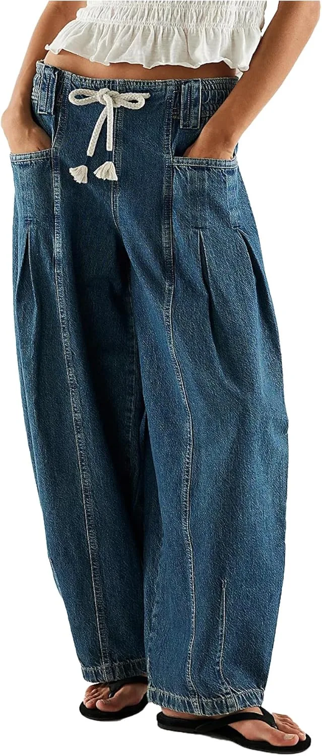 

Женские джинсы-бочонки с эластичным поясом и шнурком longlugoo