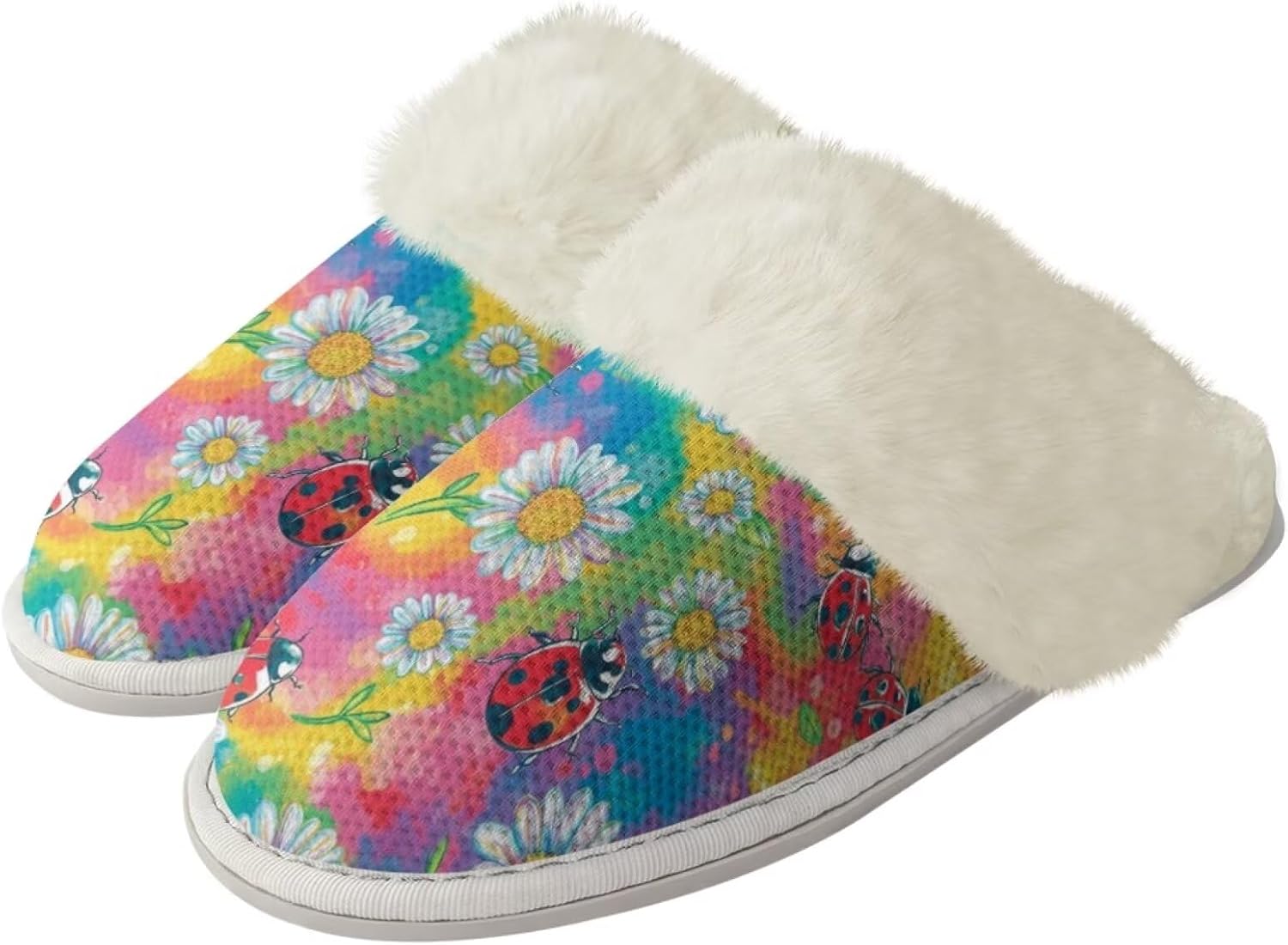 

Мужские тапочки Forchrinse Red Ladybug Daisy с эффектом памяти, пушистые домашние тапочки для женщин, тапочки «Божья коровка», легкая домашняя обувь для спальни, Tie Dye Ladybug Daisy