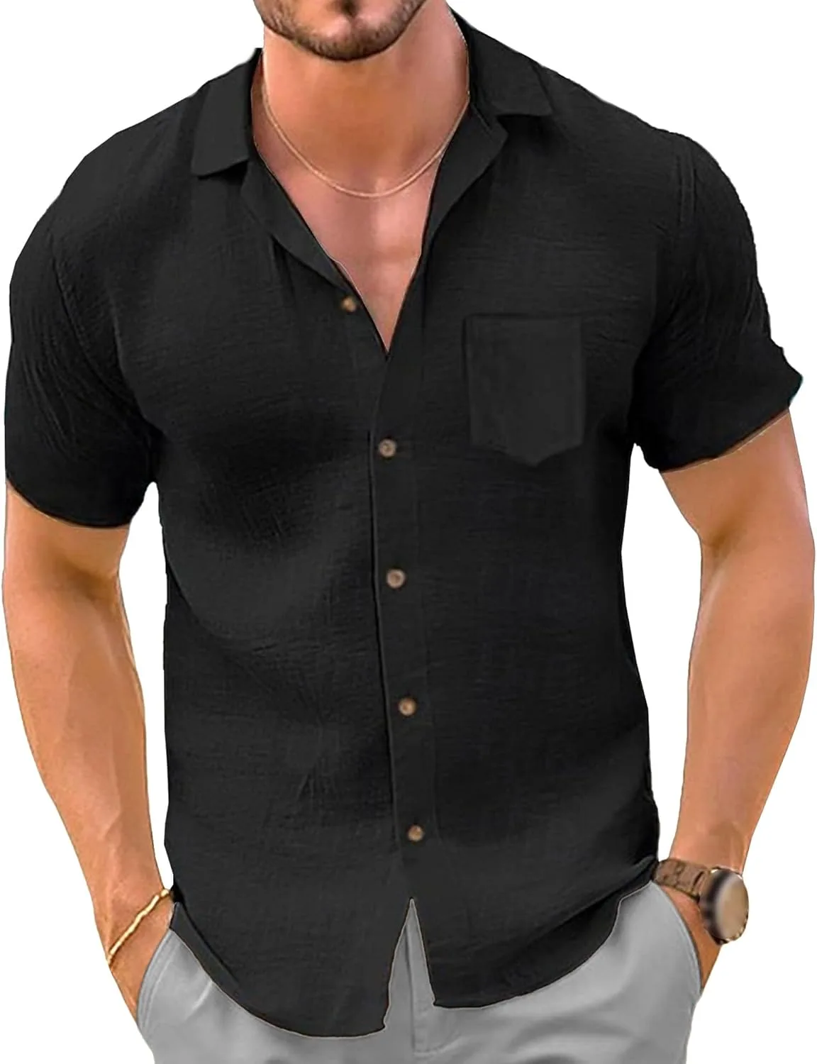 

Мужская стильная льняная рубашка с коротким рукавом PHJTOMK