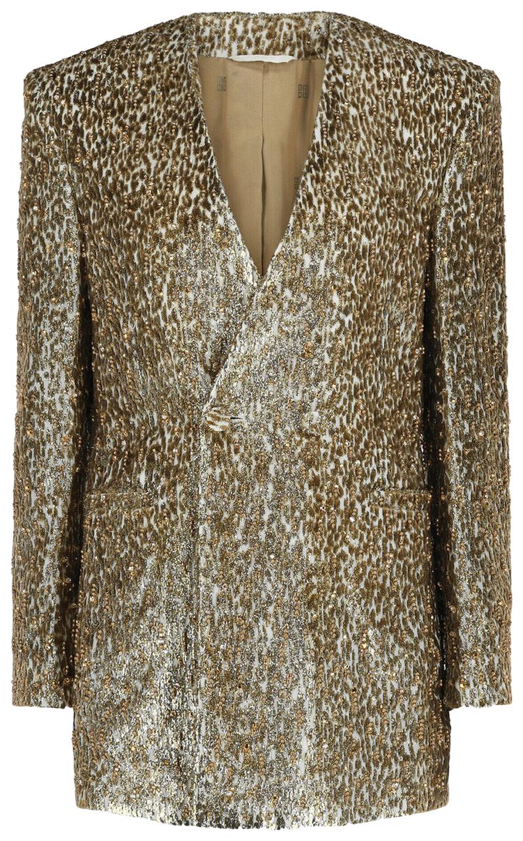

Блейзер Givenchy с анималистическим принтом, расшитый бисером, однобортный, серебристо-золотой