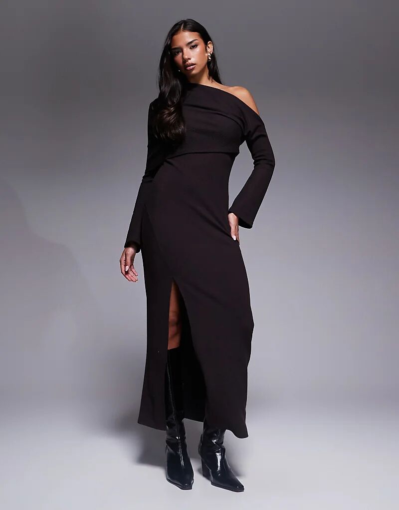 

Платье миди ASOS DESIGN с открытыми плечами и складками шоколадного цвета