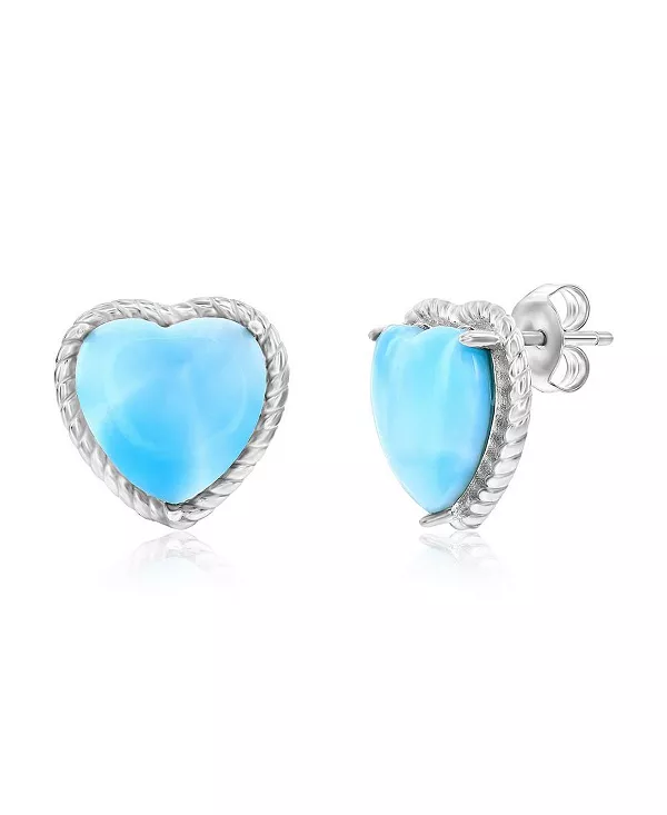 

Стерлинговое серебро, сердце из ларимара, серьги-гвоздики в виде веревки Caribbean Treasures, larimar