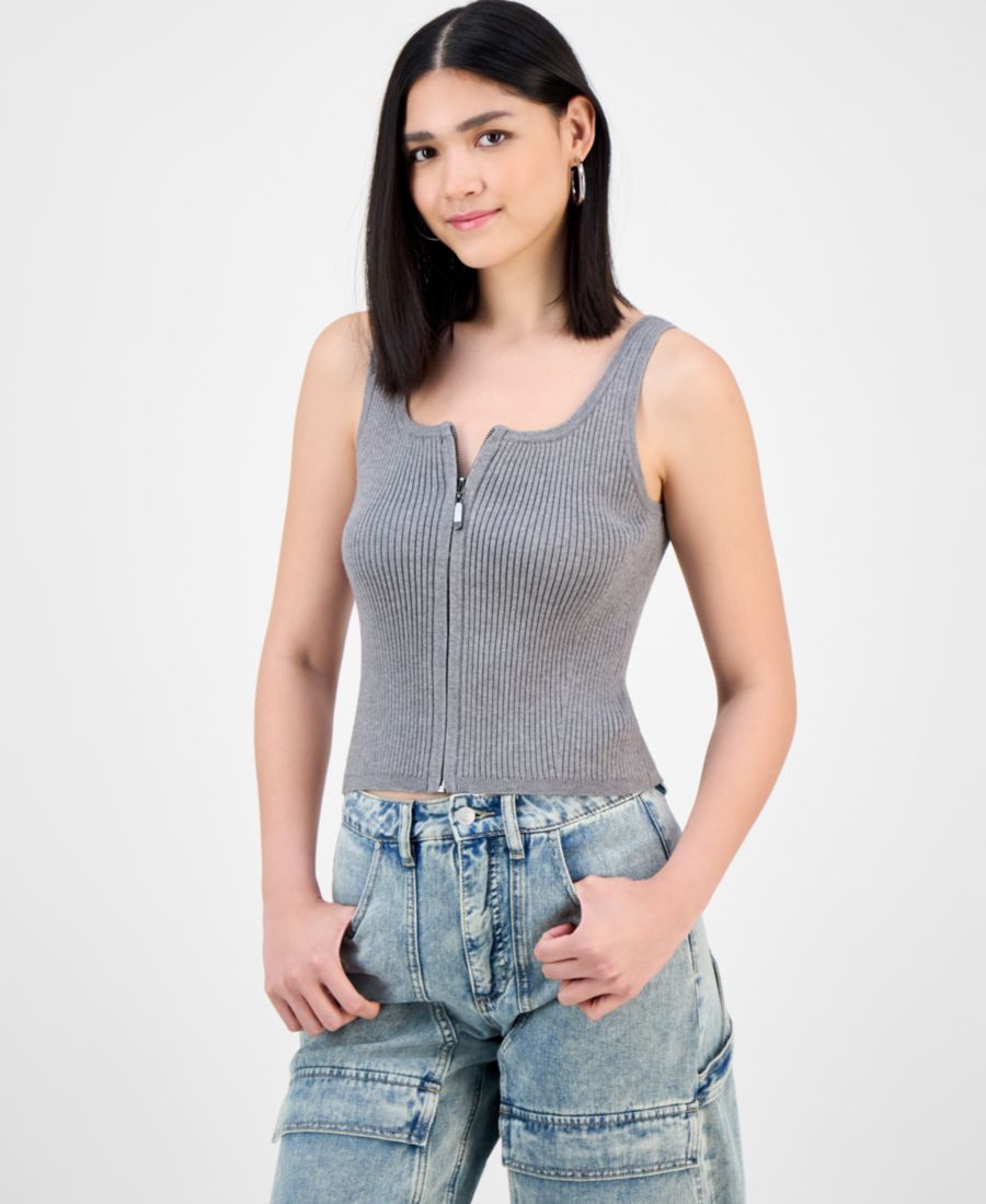 

Женская трикотажная майка-свитер в рубчик с застежкой-молнией спереди Bar III, Gray As Is