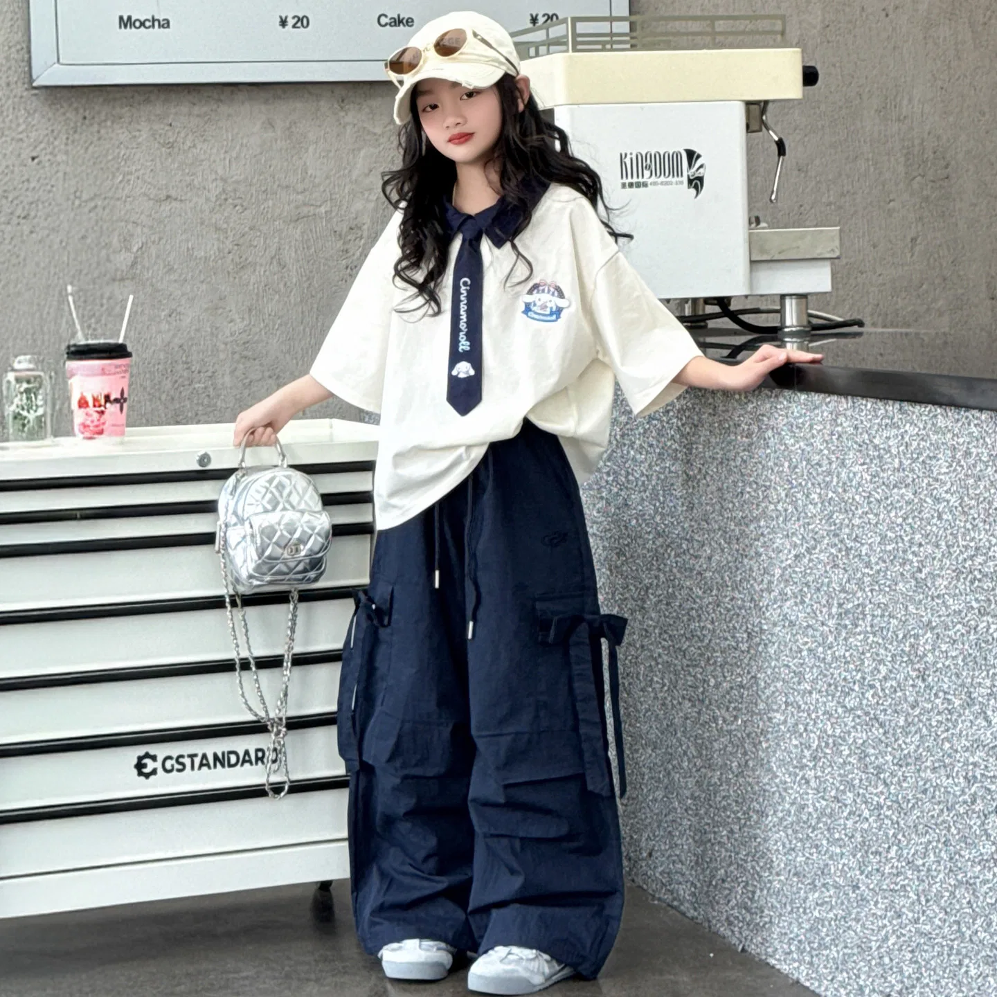 Повседневная спортивная одежда для детей весна-осень Disney, White Short-Sleeved Shirt+Pink Cargo Pants — фото 4