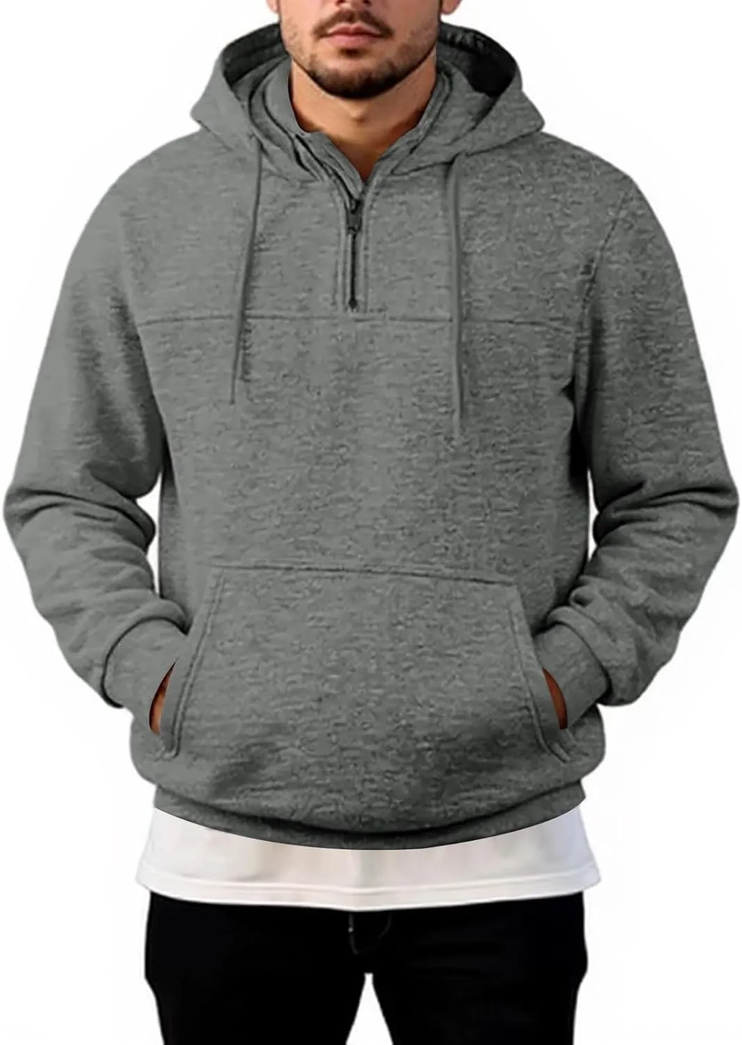 Толстовка с капюшоном 1/4 Zip для мужчин, флисовая, с карманами — фото 2