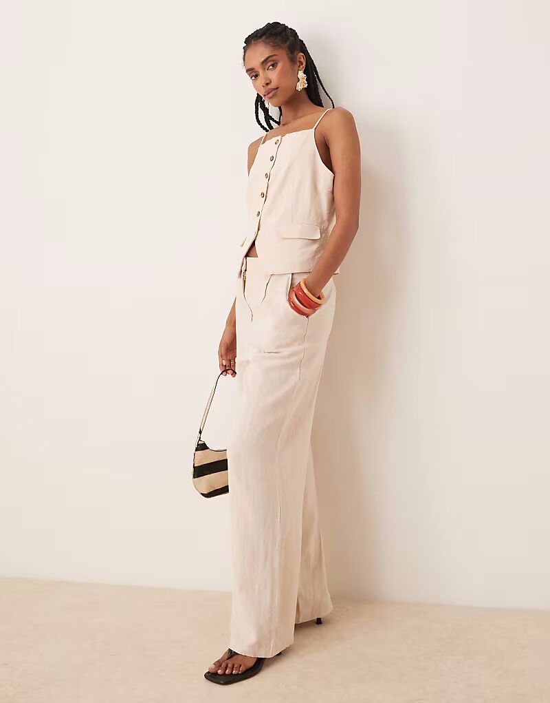 

Брюки из льна с высокой талией и широкими штанинами, кремового меланжевого цвета Yas