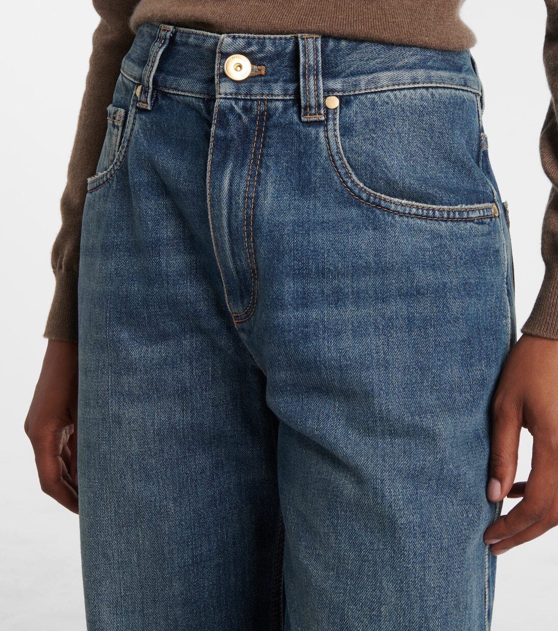 Джинсы Monili с высокой талией и широкими штанинами Brunello Cucinelli, Aged Blue Denim — фото 4