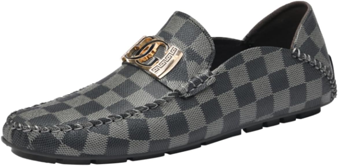 

Мужские лоферы Khwfjas с клетчатым узором и легким скольжением: стильный дизайн с металлическим украшением, мягкая кожа для комфортного ежедневного и повседневного ношения, серый